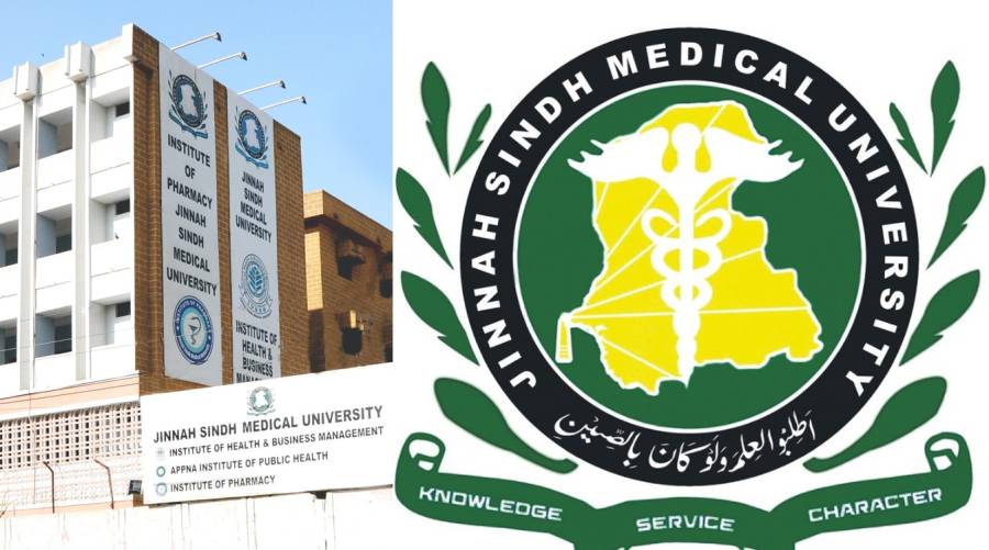 Jinnah Sindh Medical University (JSMU) building exterior with logo superimposed, highlighting its Q-Bank milestone in medical education.