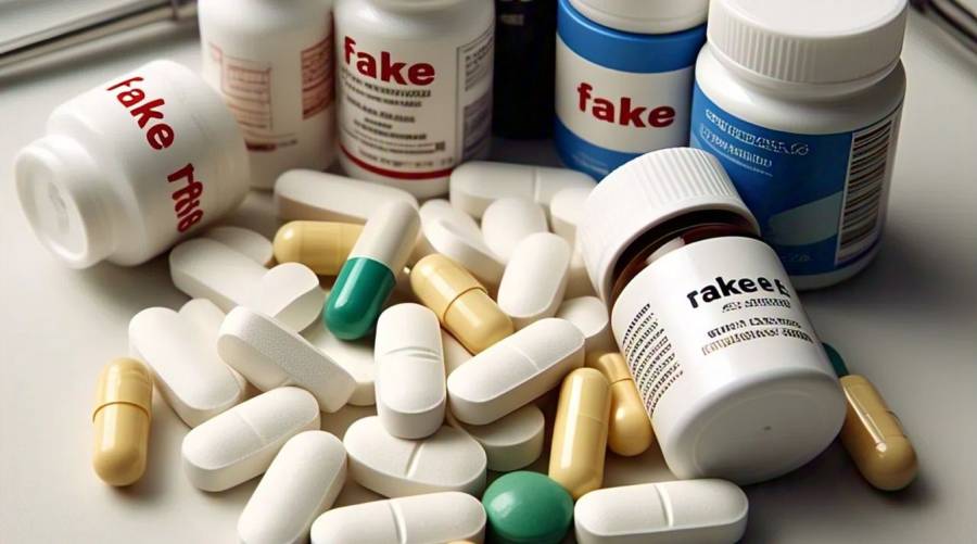 Generic medicines labeled 'FAKE' displayed as a warning about counterfeit pharmaceuticals.