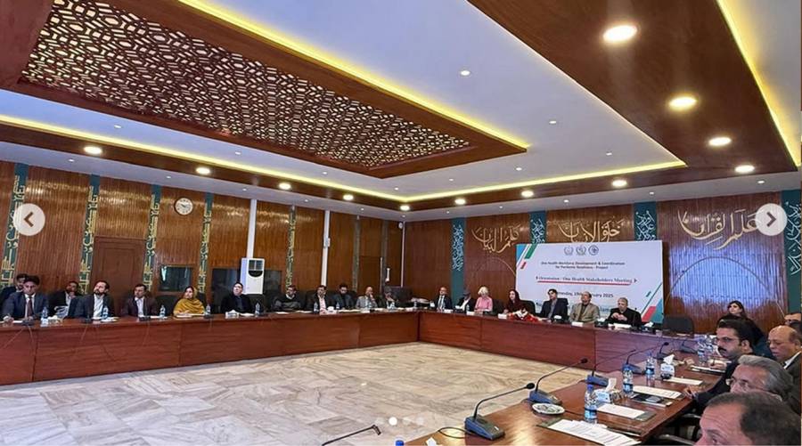 A wide-angle view of experts and stakeholders seated during the One Health Workforce Development Project orientation meeting in Islamabad.