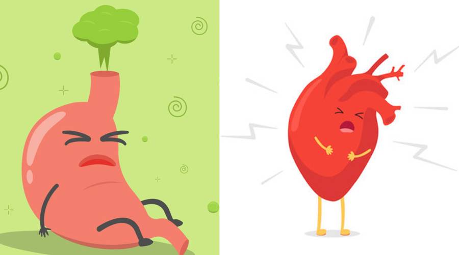 A split image showing gas pain on the left and heart attack on the right.