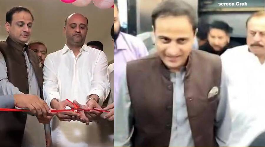 Split image showing Mayor Murtaza Wahab inaugurating the Hemophilia Ward at Abbasi Shaheed Hospital and exiting a malfunctioning elevator.