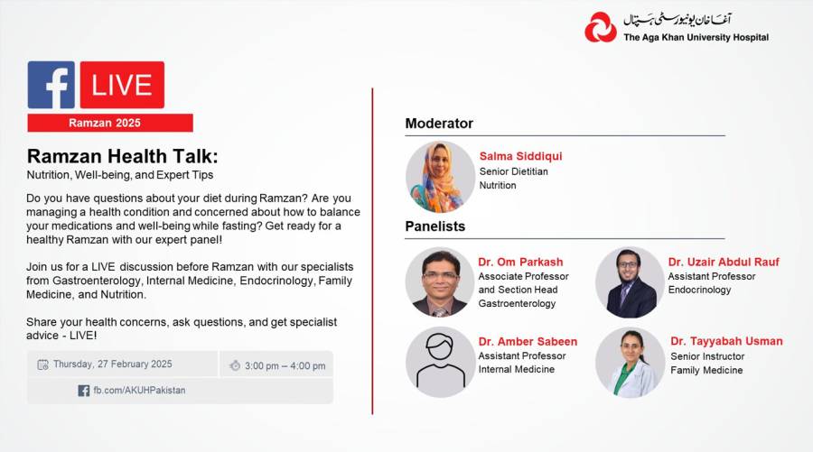 Ramzan Health Talk 2025 – Live session by The Aga Khan University Hospital featuring medical experts discussing fasting, nutrition, and health.